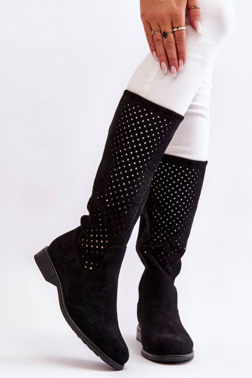 Women's Suede Openwork Over Knee Boots Black Savannah