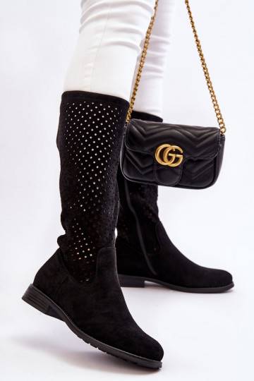 Women's Suede Openwork Over Knee Boots Black Savannah 2