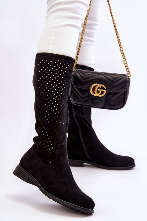 Women's Suede Openwork Over Knee Boots Black Savannah