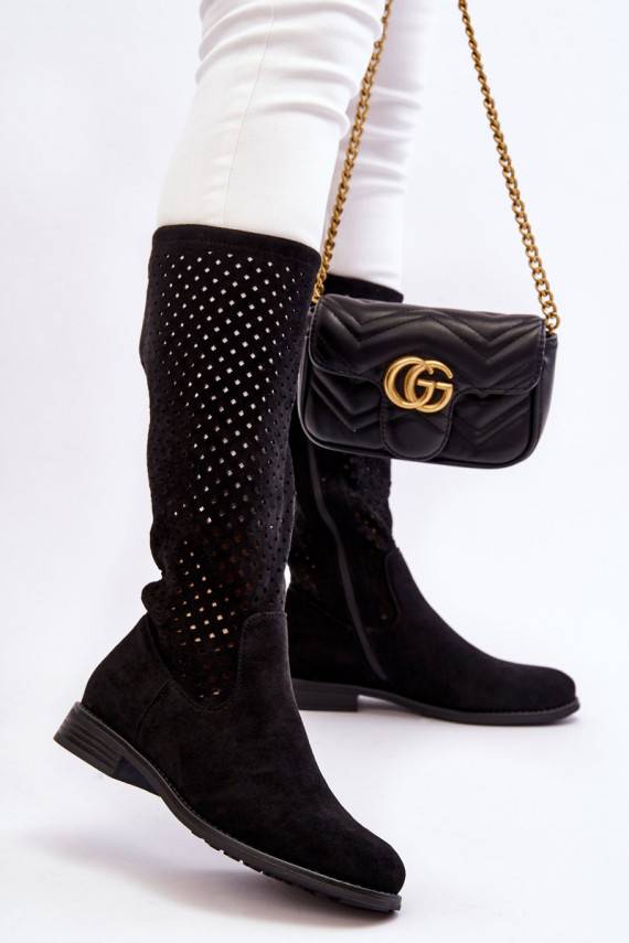 Women's Suede Openwork Over Knee Boots Black Savannah