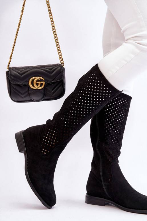 Women's Suede Openwork Over Knee Boots Black Savannah