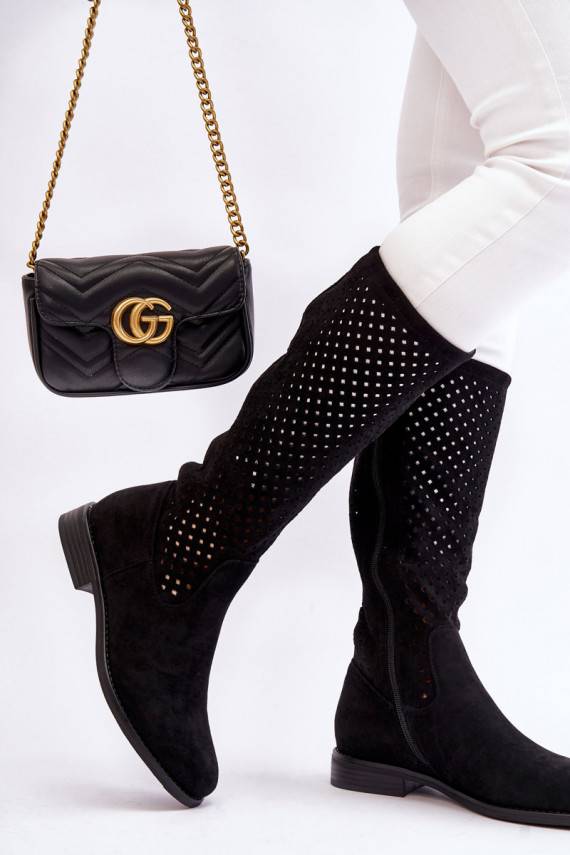 Women's Suede Openwork Over Knee Boots Black Savannah