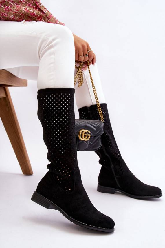 Women's Suede Openwork Over Knee Boots Black Savannah