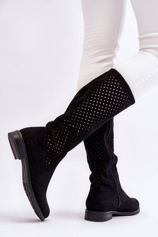 Women's Suede Openwork Over Knee Boots Black Savannah