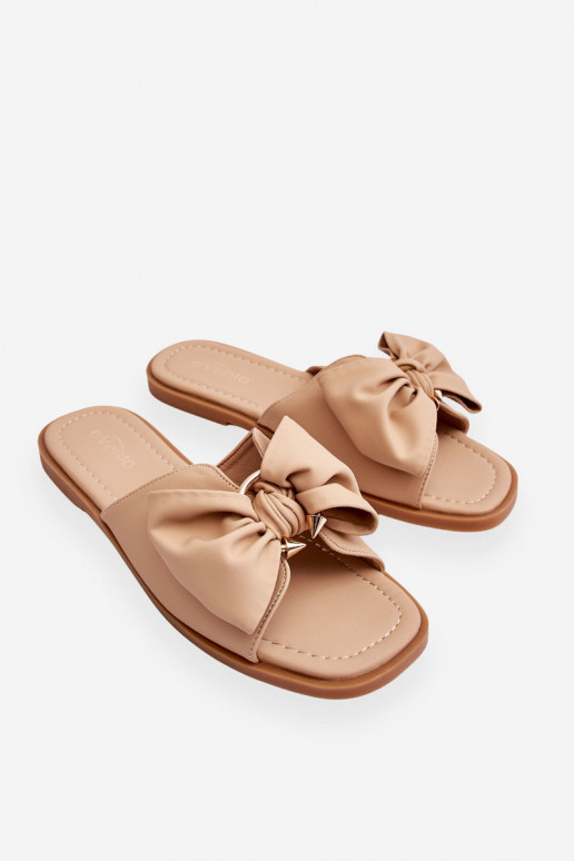 Women's Leather Slippers With Bow Beige Becky